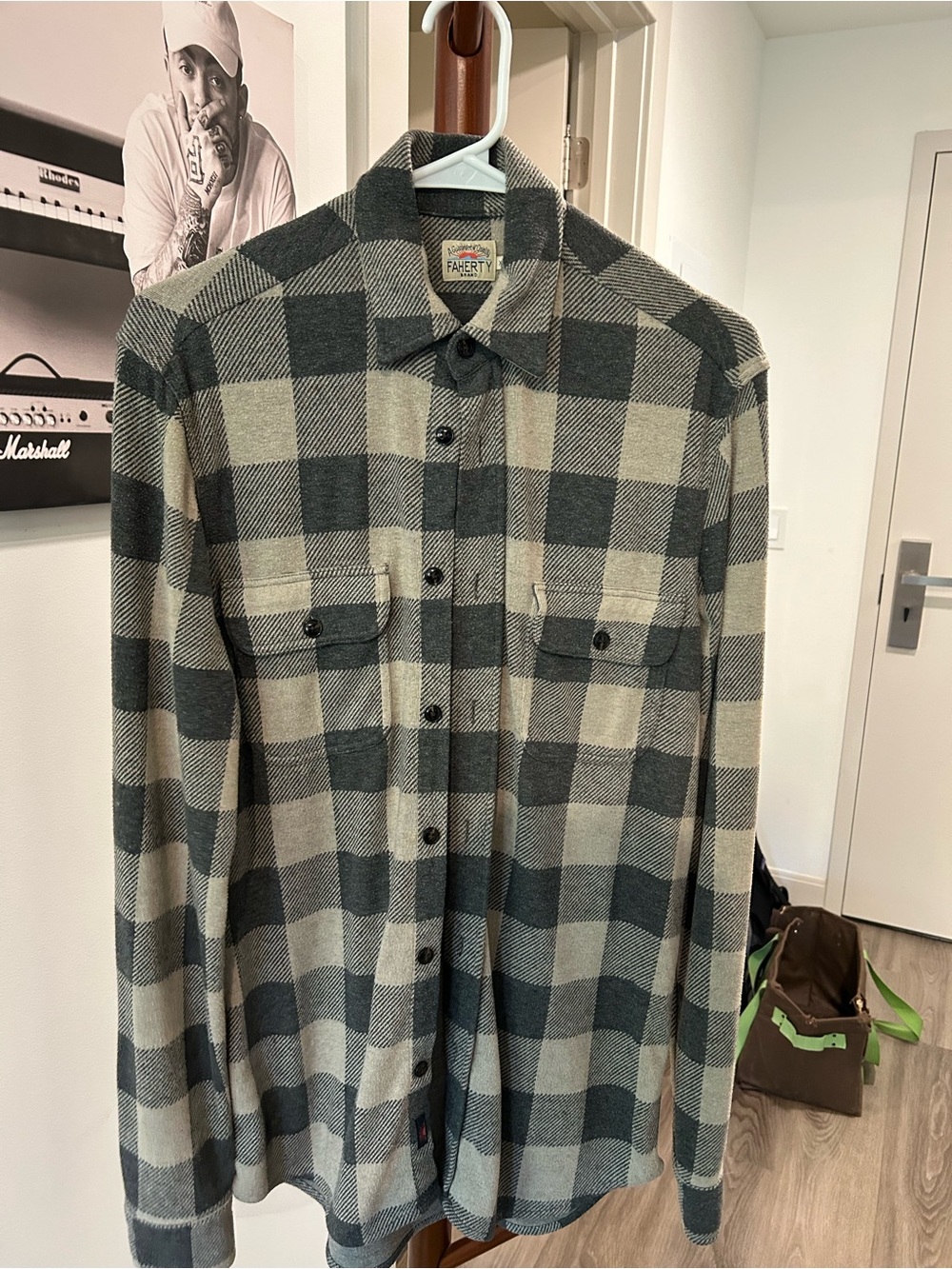 Faherty Gray and Tan Buffalo-Check Flannel Shirt